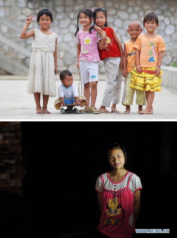 Combined photo taken in Baisha Village of Liuzhou City, south China's Guangxi Zhuang Autonomous Region, shows 9-year-old Xiong Nihua (3rd R) plays with her friends on Aug. 21, 2007 (top) and 15-year-old Xiong Nihua poses for photo alone on May 16, 2013. Her friends in the photo above have moved to other places with their parents. There are about 70 million children of migrant workers in China at present. Many of these children have been living a vagrant life, travelling with their parents whose jobs are not stable. (Xinhua/Huang Xiaobang)