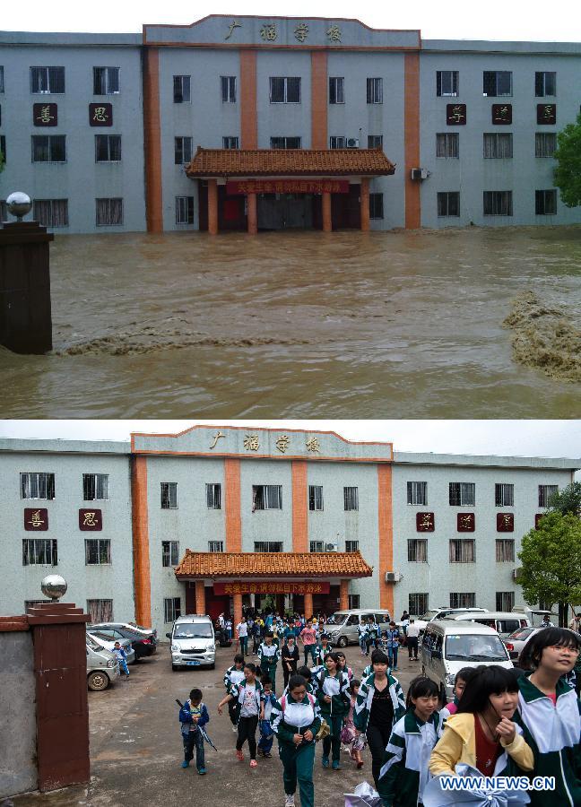 The combo photo shows the flooded Guangfu Middle School (up) on May 19, 2013 and the school resuming classes on May 23, 2013, in Jiaoling County, south China's Guangdong Province. The Guangfu Middle School, which was flooded in the rainstorm hitting Meizhou City on May 19, has resumed classes. (Xinhua/Mao Siqian) 