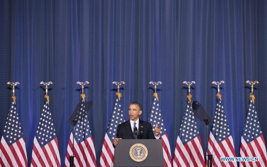 U.S. President Barack Obama deliveries a speech at the National Defence University in Washington D.C. on May 23, 2013. Obama on Thursday sought to redefine his administration's counterterrorism policies, announcing new guidelines codifying controversial drone strikes against militant targets, while renewing his pledge to close the Guantanamo Bay military detention facility. (Xinhua/Fang Zhe) 