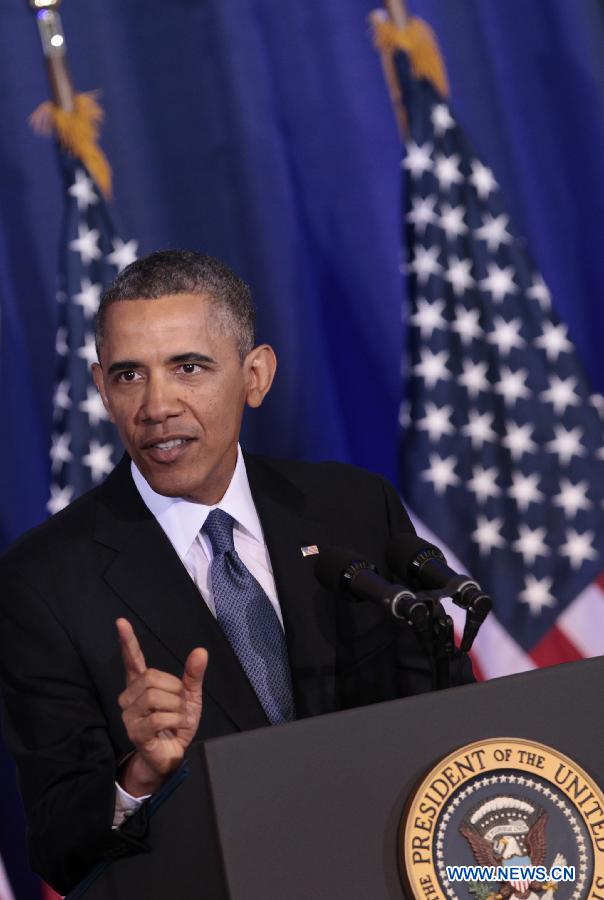 U.S. President Barack Obama deliveries a speech at the National Defence University in Washington D.C. on May 23, 2013. Obama on Thursday sought to redefine his administration's counterterrorism policies, announcing new guidelines codifying controversial drone strikes against militant targets, while renewing his pledge to close the Guantanamo Bay military detention facility. (Xinhua/Fang Zhe)