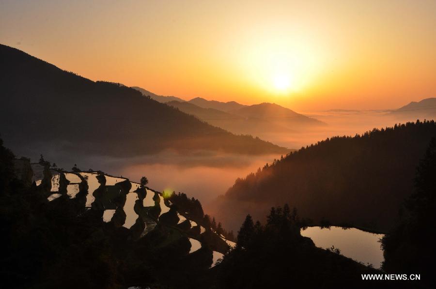 Photo taken on May 22, 2013 shows the scenery of the sea of clouds and the terraced fields at the Pingzhai Township of Liping County, southwest China's Guizhou Province. (Xinhua/Yang Daifu) 