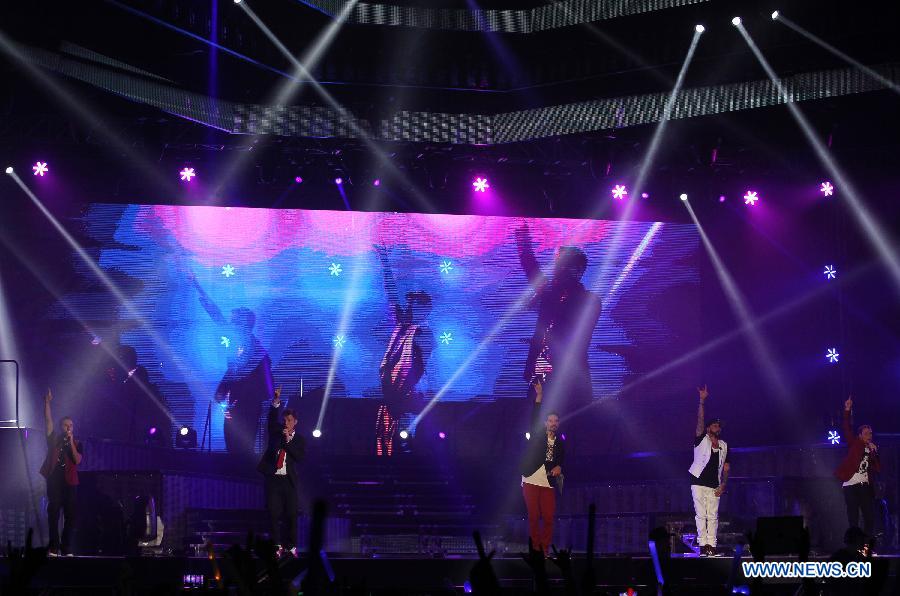 American vocal group Backstreet Boys perform during their 2013 world tour concert at the MasterCard Center in Beijing, capital of China, May 25, 2013. This year marks the 20th anniversary of the founding of the group. (Xinhua/Yang Le)