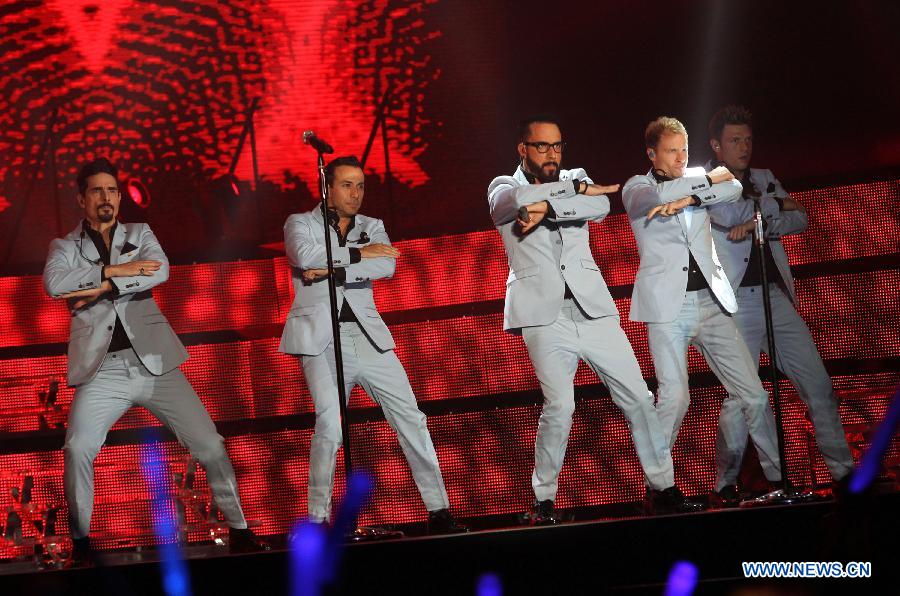 American vocal group Backstreet Boys perform during their 2013 world tour concert at the MasterCard Center in Beijing, capital of China, May 25, 2013. This year marks the 20th anniversary of the founding of the group. (Xinhua/Yang Le)