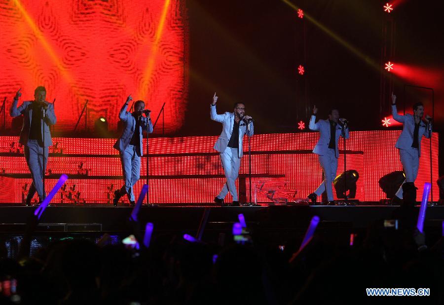 American vocal group Backstreet Boys perform during their 2013 world tour concert at the MasterCard Center in Beijing, capital of China, May 25, 2013. This year marks the 20th anniversary of the founding of the group. (Xinhua/Yang Le)