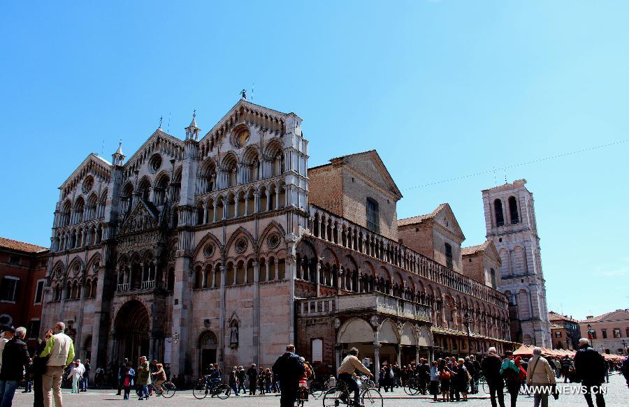 Photo taken on May 26, 2013 shows the Cattedrale in the historical city of Ferrara in northern Italy. Ferrara, City of the Renaissance, and its Po Delta were inscribed on the World Heritage List in 1995. (Xinhua/Ge Chen) 