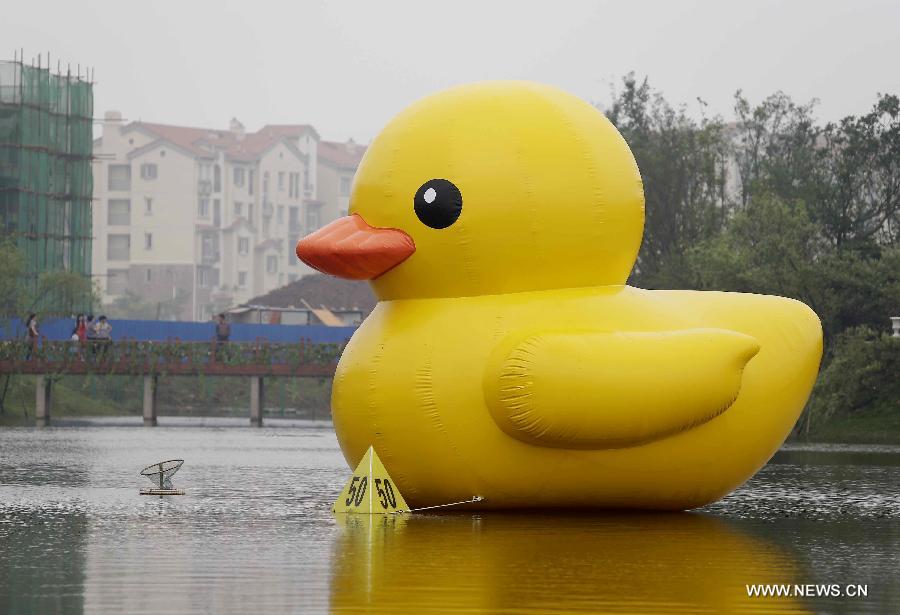 Photo taken on June 1, 2013 shows a mini rubber duck floating on a lake in the Hannan District of Wuhan, capital of central China's Hubei Province. The duck, made by a property company, is a mini copy of the huge rubber duck which appeared in Hong Kong, south China, on May 2. (Xinhua) 