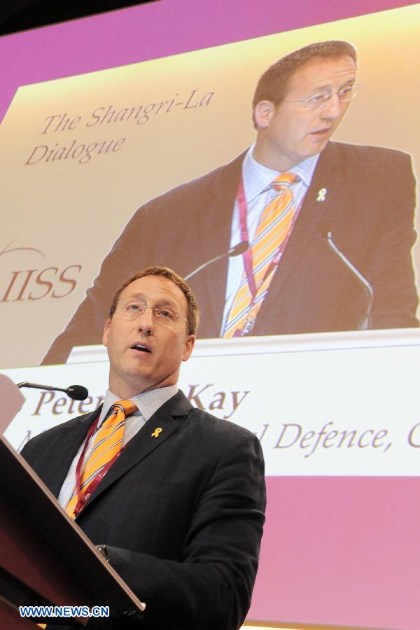 Canada's Defense Minister Peter MacKay delivers a speech during the Shangri-La Dialogue in Singapore, June 2, 2013. The 12th Shangri-La Dialogue kicked off in Singapore on May 31. (Xinhua/Then Chih Wey)