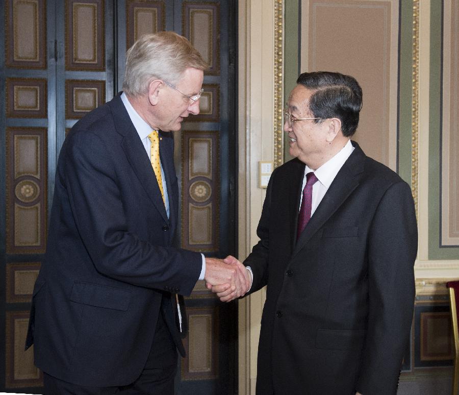Yu Zhengsheng(R), chairman of the National Committee of the Chinese People's Political Consultative Conference, meets with Swedish Foreign Minister Carl Bildt, in Stockholm, Sweden, June 3, 2013. (Xinhua/Li Xueren)