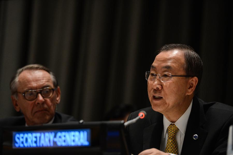 UN Secretary-General Ban Ki-moon (R) attends a special event to mark the opening for signature of the Arms Trade Treaty, at the UN headquarters in New York, on June 3, 2013. The Arms Trade Treaty (ATT), the first international treaty regulating the global conventional weapons commerce, opened for signature at United Nations headquarters on Monday. (Xinhua/Niu Xiaolei) 