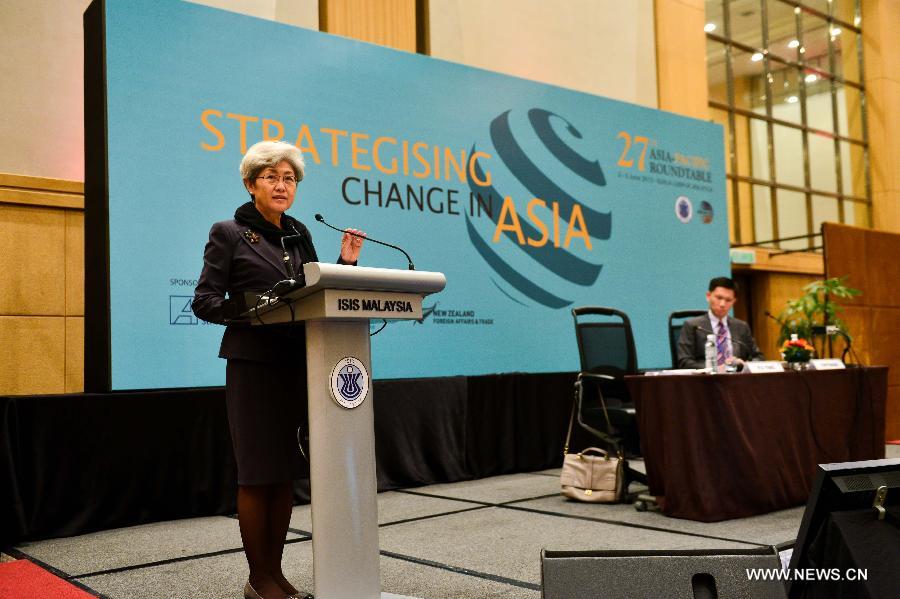 Fu Ying, chairwoman of the Foreign Affairs Committee of the 12th National People's Congress of the People's Republic of China, addresses the 27th Asia-Pacific Roundtable meeting at Kuala Lumpur, Malaysia, on June 4, 2013. The three-day Asia-Pacific Roundtable, with the theme " Strategizing Change in Asia," will see senior officials, diplomats, policy-makers and academics from all over the region discuss a wide range of issues. (Xinhua/Chong Voon Chung) 