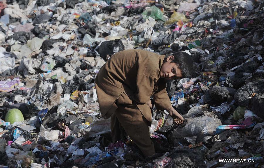 An Afghan child collects empty bottles and plastic from a garbage site in Herat province in western of Afghanistan, on June 12, 2013. Afghan labor children work as usual on June 12 while many countries around the world mark the day as the World Day Against Child Labor. The International Labor Organization (ILO) mark the World Day Against Child Labor since 2002. (Xinhua/Sardar)