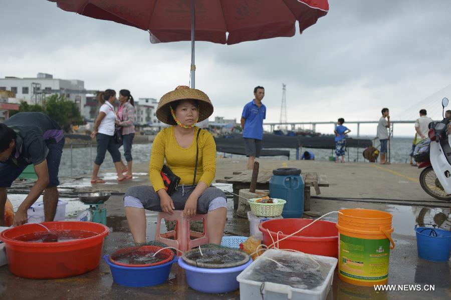 A woman waits for customers at the fishing market of the Qinglan port in Wenchang City, south China's Hainan Province, June 11, 2013. (Xinhua/Shi Manke)