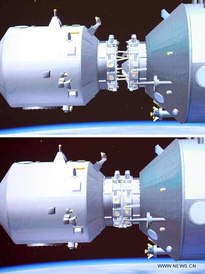 Combined photo taken on June 13, 2013 shows the screen at the Beijing Aerospace Control Center showing the simulated pictures of an automated docking between the Shenzhou-10 manned spacecraft and the orbiting Tiangong-1 space module. China's Shenzhou-10 manned spacecraft successfully completed an automated docking with the orbiting Tiangong-1 space module at 1:18 p.m. Thursday.(Xinhua/Wang Yongzhuo)