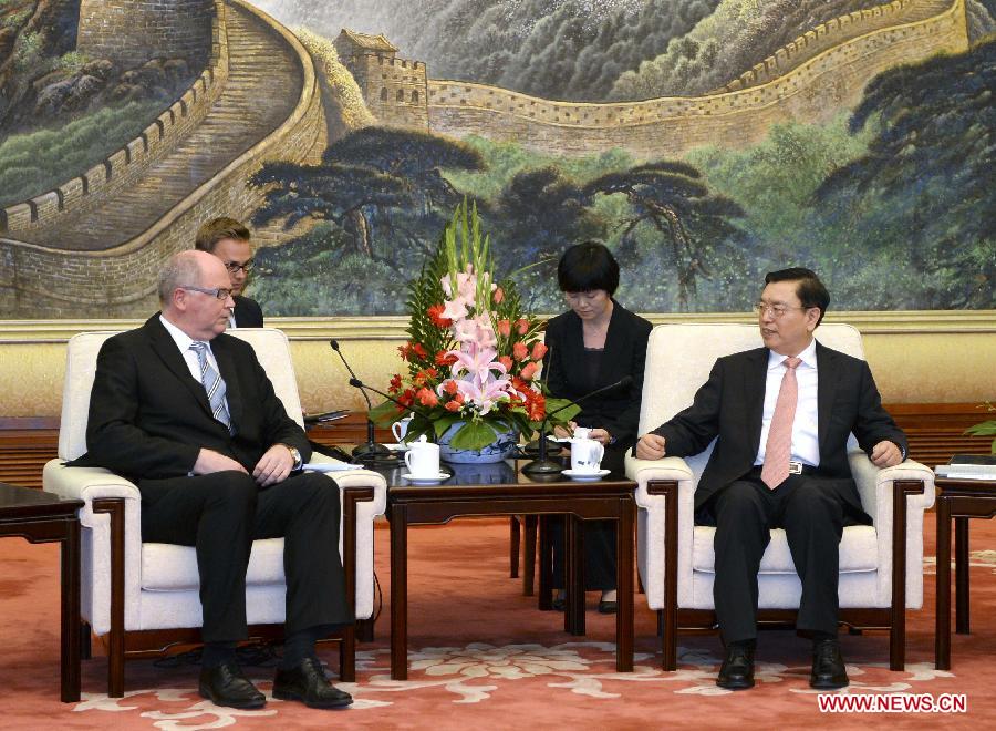 Zhang Dejiang (R), chairman of the Standing Committee of the National People's Congress (NPC) of China, meets with Finnish Parliament Speaker Eero Heinaluoma in Beijing, capital of China, June 13, 2013. (Xinhua/Rao Aimin)