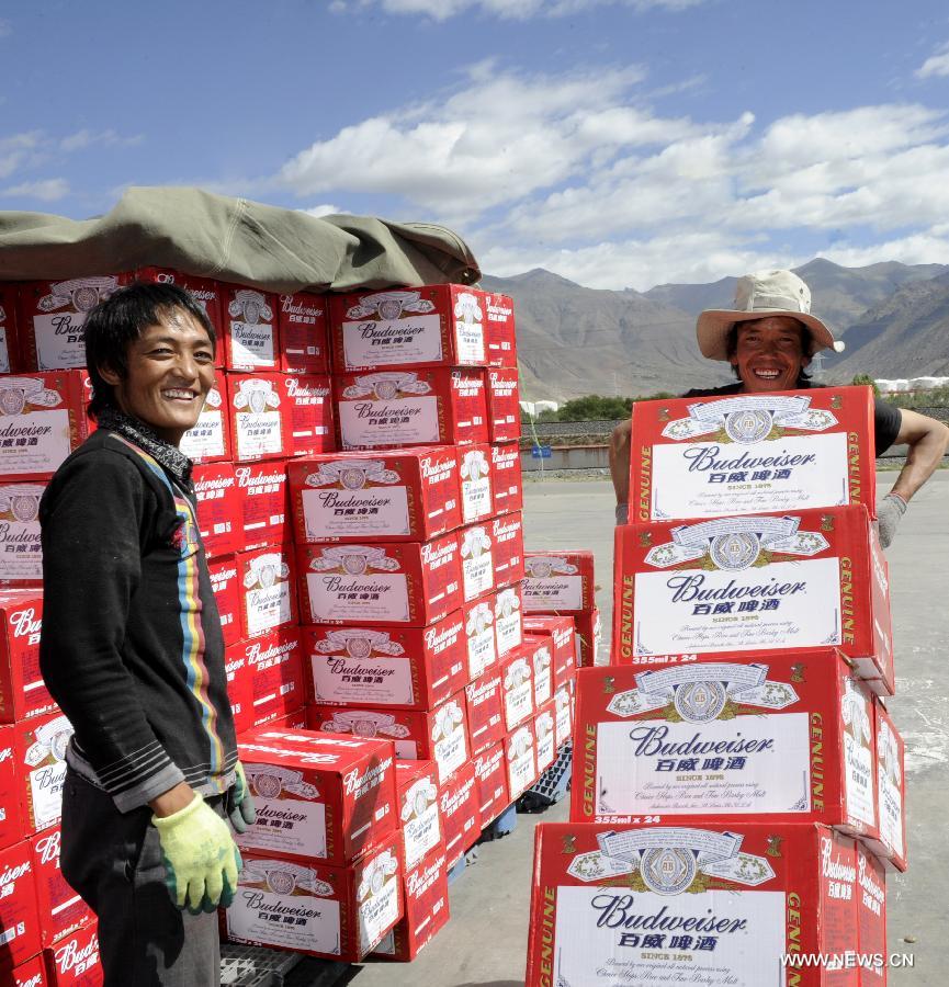 Workers discharge goods at the Lhasa West Railway Station in Lhasa, capital of southwest China's Tibet Autonomous Region, June 15, 2013. The China Railway Corporation, a commercial arm separated from the nation's ex-railways ministry, said Saturday that it will push its freight transport services to cover a bigger market. A company spokesman said it will work toward that goal through a slew of reforms focused on efficiency and better services, in efforts to transform the company's freight transport into a modern logistics business. (Xinhua/Chogo) 