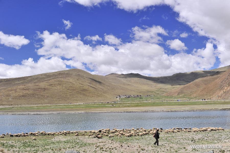 Photo taken on June 16, 2013 shows the scenery of the Yamzhog Yumco Lake in Shannan Prefecture, southwest China's Tibet Autonomous Region. (Xinhua/Liu Kun)