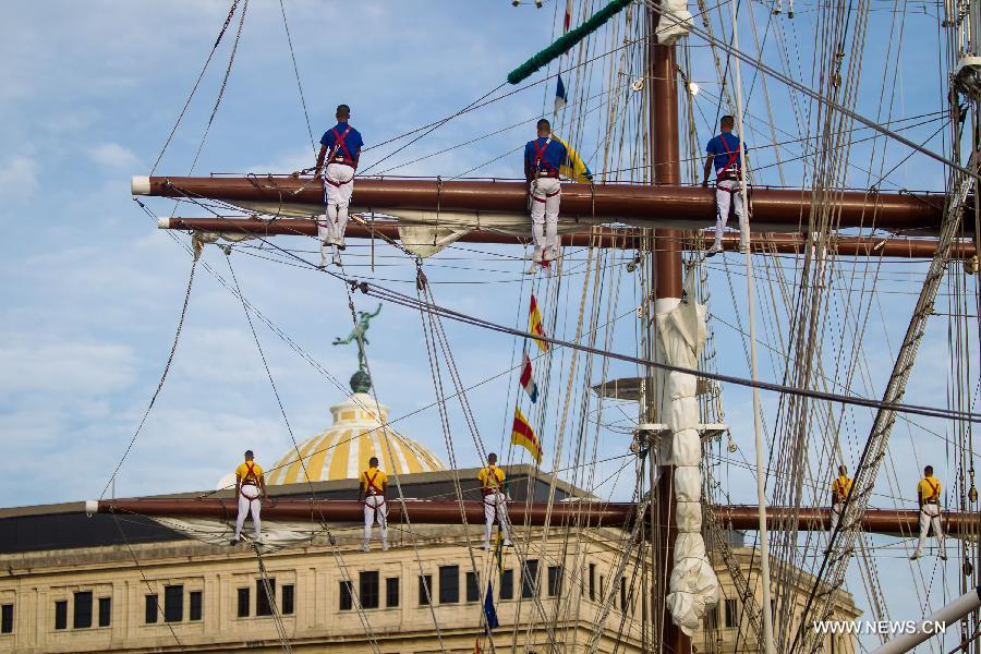 Venezuelan Army School boat Simon Bolivar arrives in Havana, capital of Cuba, June 17, 2013. This is the fourth visit of Simon Bolivar ship to Cuba. (Xinhua/Liu Bin)