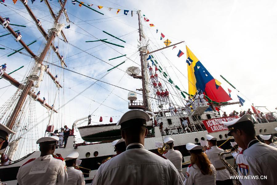 Venezuelan Army School boat Simon Bolivar arrives in Havana, capital of Cuba, June 17, 2013. This is the fourth visit of Simon Bolivar ship to Cuba. (Xinhua/Liu Bin) 