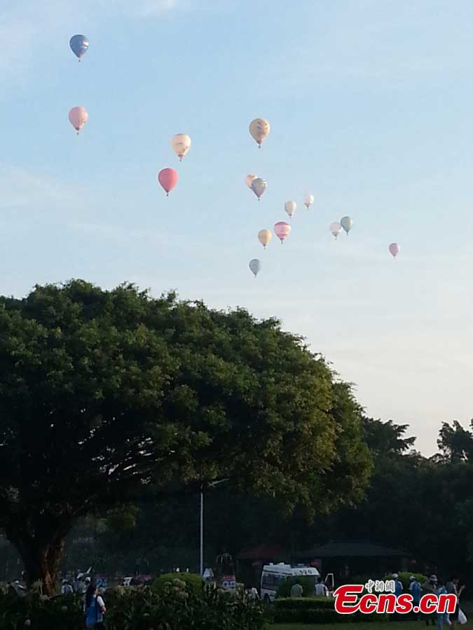 Air balloons fly over Evergreen Garden in Haikou, South China's Hainan Province, June 18, 2013. An air balloon competition kicked off on Tuesday, in which contestants are requested to fly across the Qiongzhou Strait from Haikou and reach a designated place in Xunwen County in the neighboring Guangdong Province. (CNS/Wang Xinli)