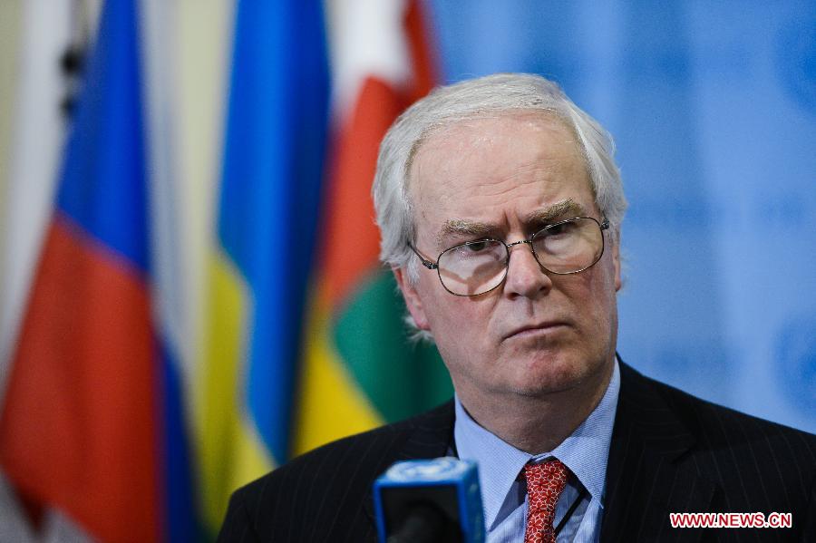 UK Permanent Representative to the United Nations Mark Lyall Grant, whose country holds the rotating presidency of the UN Security Council for the month of June, speaks to journalists at the UN headquarters in New York, on June 19, 2013. The UN Security Council on Wednesday voiced its outrage by the attack on a UN compound in Mogadishu, Somalia, which caused numerous deaths and injuries. Suicide bombers attacked the UN's office in Mogadishu on Wednesday, leaving at least 15 people dead, including eight working for the UN. The al-Qaida linked militant Al-Shabaab group said it was behind the assault. (Xinhua/Niu Xiaolei)