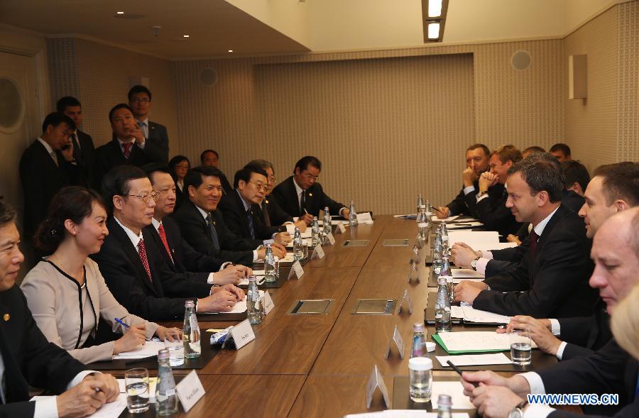 Chinese Vice Premier Zhang Gaoli meets with Russia's Deputy Prime Minister Arkady Dvorkovich, who co-chairs the China-Russia energy cooperation committee, in St. Petersburg, Russia, June 20, 2013. (Xinhua/Liu Weibing)