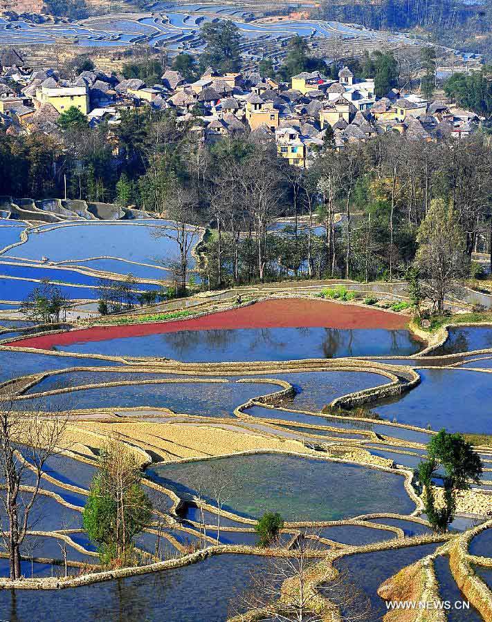 Photo take on February 18, 2009 shows the villages of the Hani people surrounded by rice terraces in Yuanyang County of Honghe Prefecture, southwest China's Yunnan Province. The UNESCO's World Heritage Committee inscribed China's cultural landscape of Honghe Hani Rice Terraces onto the prestigious World Heritage List on Saturday, bringing the total number of World Heritage Sites in China to 45. (Xinhua/Chen Haining)