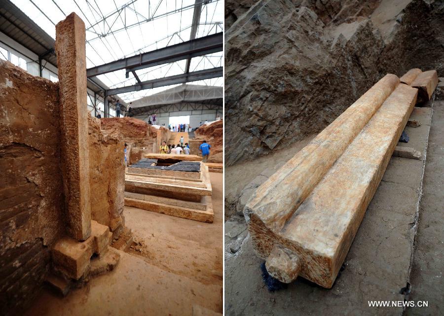 Combination photo taken on June 22, 2013 shows the archeological site of an ancient tomb in Fangshan District of Beijing, capital of China. A gravestone excavated from the tomb confirmed that the tomb was the final resting place of Liu Ji, a regional military governor of the Tang Dynasty (618-907), and his wife. Archaeologists have started a salvage excavation of the tumulus since August 2012, after it was accidentally discovered at a local construction site. Valuable cultural relics, including an exquisite stone coffin bed, were discovered. (Xinhua/Luo Xiaoguang) 