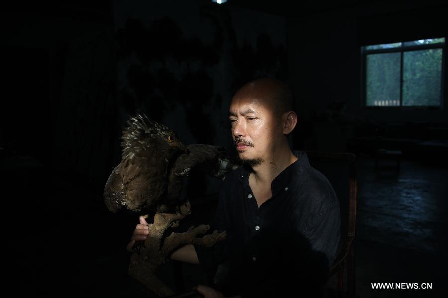 Zhang Fangbai, a 51-year-old painter, looks at a sample of eagle at his studio in Beijing, capital of China, June 19, 2013. Zhang has specialized in painting eagles for a dozen of years. (Xinhua/Wu Xiaochu) 