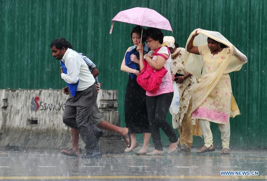 People walk in the rain in Singapore, on June 25, 2013. A sudden downpour relieved the smoke haze caused by forest fires in neighboring Indonesia in Singapore on Tuesday afternoon. (Xinhua/Then Chih Wey)