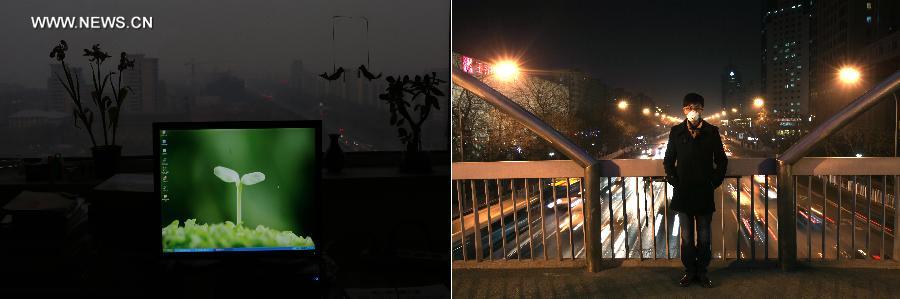 Combined photo taken on March 14, 2013 (L) and March 7, 2013 shows the office of Journalist Wang Quanchao and his portrait in the Xicheng District of Beijing, capital of China. Beijing has suffered from haze for several times since the beginning of this year. This photo featured the indoor and outdoor experiences of citizens in Beijing during the haze weather. (Xinhua/Jin Liwang)  