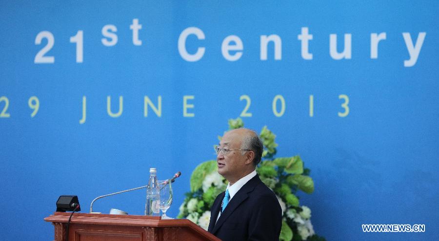 Yukiya Amano, director general of the International Atomic Energy Agency (IAEA), speaks during a three-day ministerial conference on nuclear energy in St. Petersburg, Russia, on June 27, 2013. The world should make every effort to restore public confidence in nuclear energy and enhance its safety and sustainability, said Yukiya Amano on Thursday. (Xinhua/Lu Jinbo)