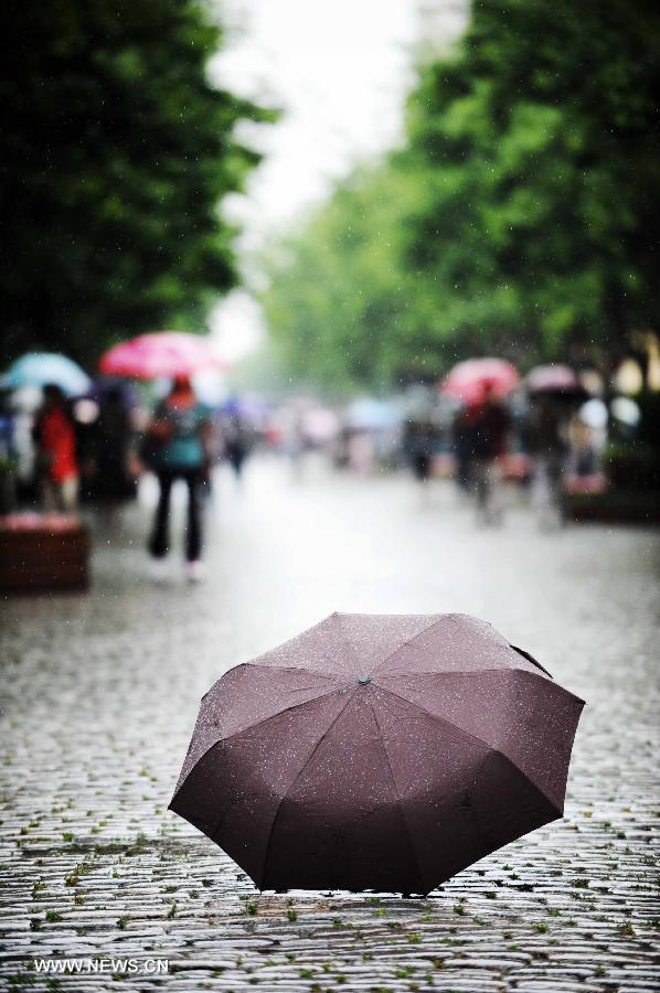 People walk on the street in Harbin, capital of northeast China's Heilongjiang Province, July 2, 2013. The local meteorological center in Heilongjiang Province issued a blue rainstorm alert on Tuesday.(Xinhua/Wang Jianwei) 