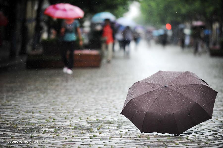 People walk on the street in Harbin, capital of northeast China's Heilongjiang Province, July 2, 2013. The local meteorological center in Heilongjiang Province issued a blue rainstorm alert on Tuesday.(Xinhua/Wang Jianwei) 