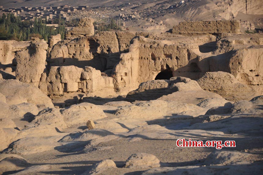 The Ancient City of Jiaohe, also known as Ancient City on Ya'er Lake, is an ancient Chinese archaeological site found in the Yarnaz Valley, 10 km west of the city of Turpan, Xinjiang province. It was a prefecture of the Gaochang during the Sixteen States (304AD-439 AD) and a county of the Gaochang Prefecture after the 14th year (640 AD) of the Zhenguan reign during the Tang Dynasty. (China.org.cn/Chen Xiangzhao)