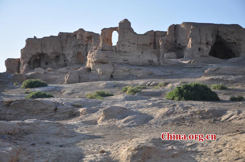 The Ancient City of Jiaohe, also known as Ancient City on Ya'er Lake, is an ancient Chinese archaeological site found in the Yarnaz Valley, 10 km west of the city of Turpan, Xinjiang province. It was a prefecture of the Gaochang during the Sixteen States (304AD-439 AD) and a county of the Gaochang Prefecture after the 14th year (640 AD) of the Zhenguan reign during the Tang Dynasty. (China.org.cn/Chen Xiangzhao)