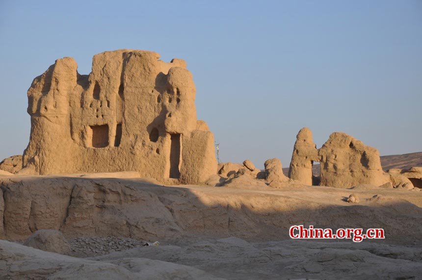 The Ancient City of Jiaohe, also known as Ancient City on Ya'er Lake, is an ancient Chinese archaeological site found in the Yarnaz Valley, 10 km west of the city of Turpan, Xinjiang province. It was a prefecture of the Gaochang during the Sixteen States (304AD-439 AD) and a county of the Gaochang Prefecture after the 14th year (640 AD) of the Zhenguan reign during the Tang Dynasty. (China.org.cn/Chen Xiangzhao)