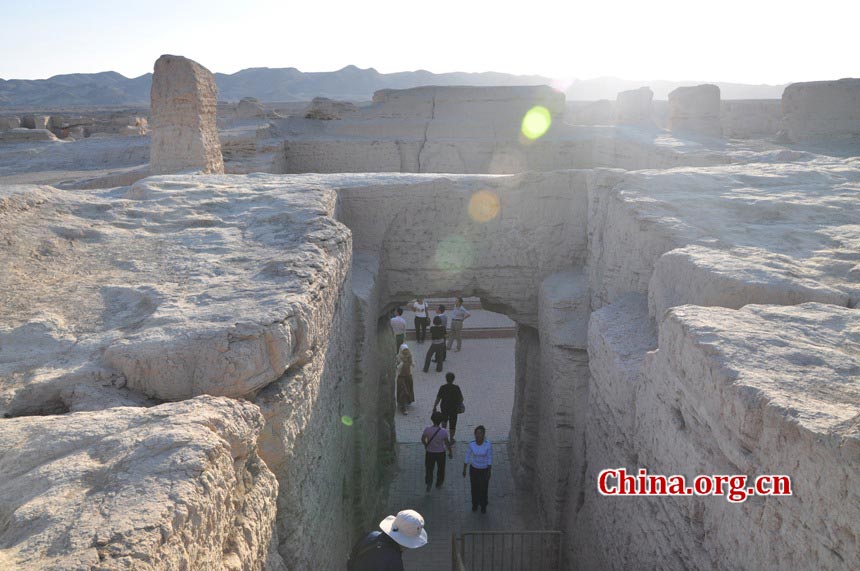 The Ancient City of Jiaohe, also known as Ancient City on Ya'er Lake, is an ancient Chinese archaeological site found in the Yarnaz Valley, 10 km west of the city of Turpan, Xinjiang province. It was a prefecture of the Gaochang during the Sixteen States (304AD-439 AD) and a county of the Gaochang Prefecture after the 14th year (640 AD) of the Zhenguan reign during the Tang Dynasty. (China.org.cn/Chen Xiangzhao)