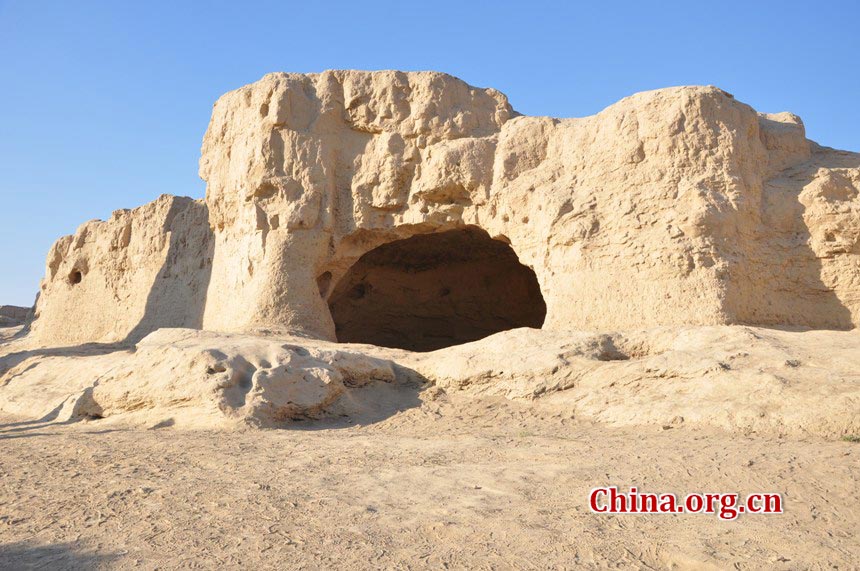 The Ancient City of Jiaohe, also known as Ancient City on Ya'er Lake, is an ancient Chinese archaeological site found in the Yarnaz Valley, 10 km west of the city of Turpan, Xinjiang province. It was a prefecture of the Gaochang during the Sixteen States (304AD-439 AD) and a county of the Gaochang Prefecture after the 14th year (640 AD) of the Zhenguan reign during the Tang Dynasty. (China.org.cn/Chen Xiangzhao)