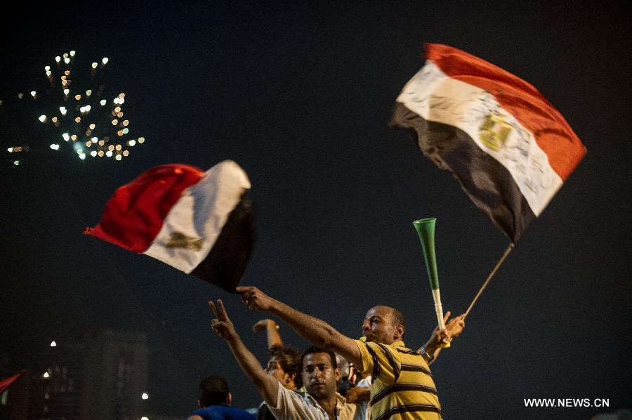 Opponents of Egyptian President Mohammed Morsi gather at Cairo's Tahrir Square, Egypt, on July 3, 2013. Egyptian interior ministry expressed complete support to a military statement that revealed a roadmap for running the country after the ouster of Islamist President Mohamed Morsi, the ministry said in a statement Wednesday. (Xinhua/Li Muzi)