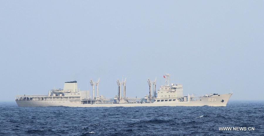 The comprehensive supply ship Hongze Lake is seen during Sino-Russian joint naval drills held in the sea of Japan, July 4, 2013. (Xinhua/Wang Dongming) 