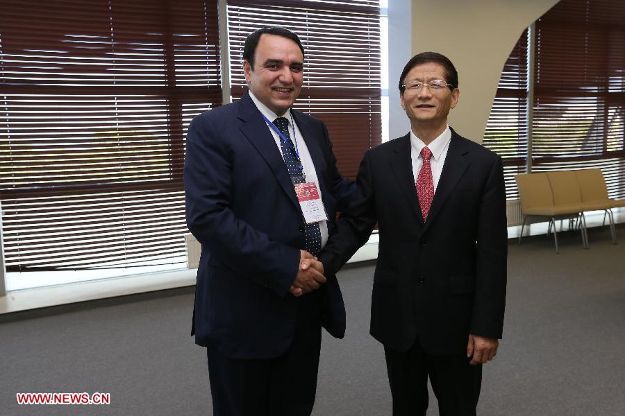 Meng Jianzhu (R), a member of the Political Bureau of the Communist Party of China (CPC) Central Committee and secretary of the Commission for Political and Legal Affairs of the CPC Central Committee, meets with Artur Baghdasaryan, secretary of National Security Council of Armenia, in Vladivostok, Russia, on July 3, 2013. (Xinhua/Hao Fan)