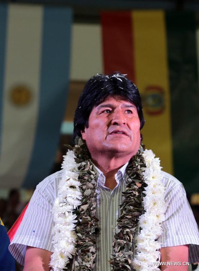 Image provided by Venezuela's Presidency shows President of Bolivia Evo Morales participating in the meeting of the Union of South American Nations (UNASUR, by its acronym in Spanish) in Cochabamba, Bolivia, on July 4, 2013. (Xinhua/Venezuela's Presidency)