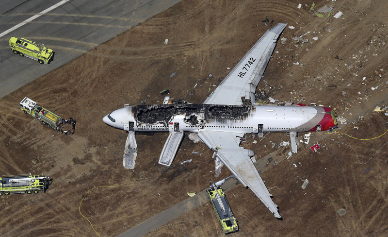 An aerial photo shows the wreckage of the Asiana Flight 214 airplane after it crashed at the San Francisco International Airport in San Francisco, July 6, 2013. Two Chinese women were confirmed dead in the crash, South Korea's transportation ministry said Sunday. (Photo/Xinhua)