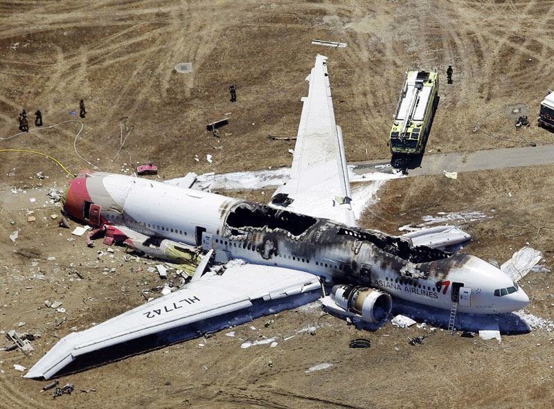 An aerial photo shows the wreckage of the Asiana Flight 214 airplane after it crashed at the San Francisco International Airport in San Francisco, July 6, 2013. Two Chinese women were confirmed dead in the crash, South Korea's transportation ministry said Sunday. (Photo/Xinhua)