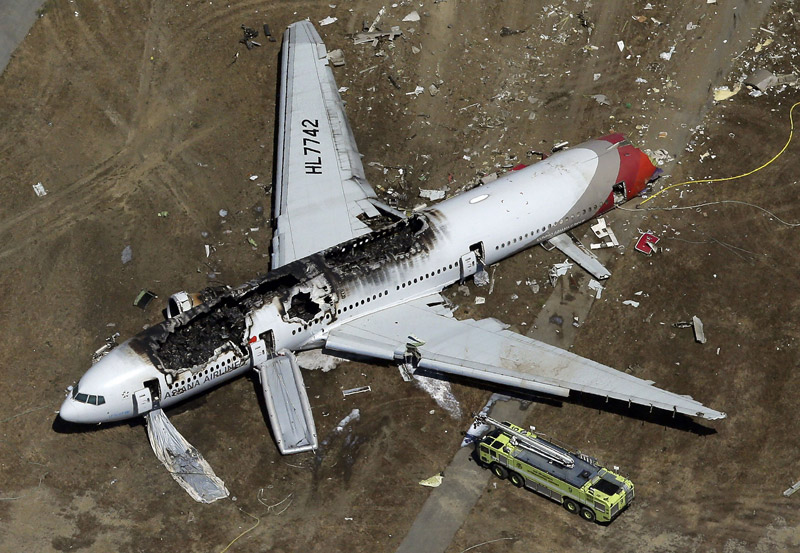 An aerial photo shows the wreckage of the Asiana Flight 214 airplane after it crashed at the San Francisco International Airport in San Francisco, July 6, 2013. Two Chinese women were confirmed dead in the crash, South Korea's transportation ministry said Sunday. (Photo/Xinhua)