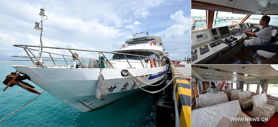 The combined photo taken on July 7, 2013 shows Ganquan, a yacht for transportation between islands in Sansha City, south China's Hainan Province. Within one year after its establishment, infrastructure construction is going on well in Sansha. The first phase project of the Yongxing Island Sewage Treatment Plant and a seawater desalination factory has been put into use. The power grid transformation is in progress. And the Xisha People's Hospital is under construction. (Xinhua/Guo Cheng)