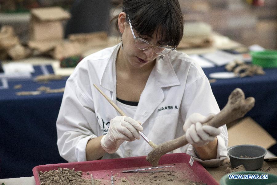 A worker of the Forensic Anthropology Foundation of Guatemala (FAFG, by its acronym in Spanish) analyzes the skeletal remains of a victim found in a clandestine cemetery, to perform a biological profile and identify their cause of death, in Guatemala City, Guatemala, on July 9, 2013. The FAFG works to identify missing persons during the Guatemala's Internal Armed Conflict (1960-1996) which amount to 40,000 according to data of the Historical Clarification Commission (CEH, by its acronym in Spanish). (Xinhua/Luis Echeverria)