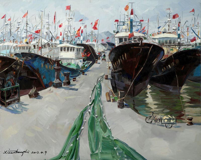 "Big Boats and Small Port" (80cmX100cm), April 9, 2013. Chinese Australian oil painter Li Xiaozheng's new exhibition themed "Jiangnan Charm" opened on July 7 at the Roundness Art Gallery in Beijing's Songzhuang, the largest art zone in both China and the world. The exhibition features 28 artworks created by Li during his 34-day fieldtrip, between March and April of this year, to Jiangnan. (China.org.cn/Zhang Junmian)