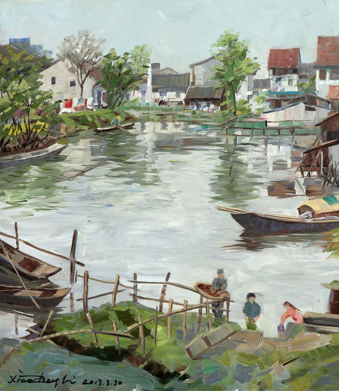 "Early Spring at Lotus Pool, Yejiayan Village, Shaoxing City" (80cmX70cm), March 30, 2013. Chinese Australian oil painter Li Xiaozheng's new exhibition themed "Jiangnan Charm" opened on July 7 at the Roundness Art Gallery in Beijing's Songzhuang, the largest art zone in both China and the world. The exhibition features 28 artworks created by Li during his 34-day fieldtrip, between March and April of this year, to Jiangnan. (China.org.cn/Zhang Junmian)