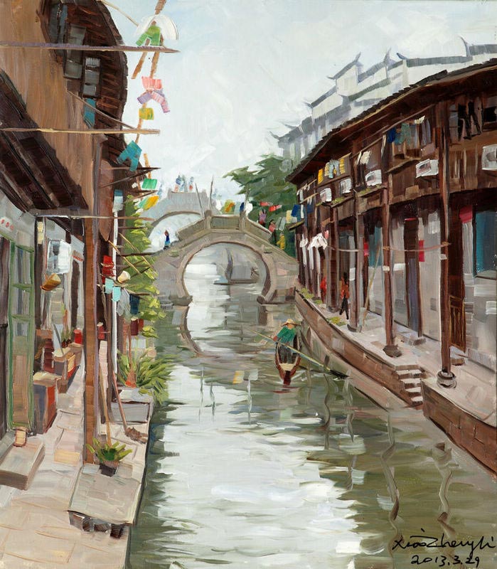 "Life on Water, Keqiao Ancient Town, Shaoxing City" (80cmX70cm), March 29, 2013. Chinese Australian oil painter Li Xiaozheng's new exhibition themed "Jiangnan Charm" opened on July 7 at the Roundness Art Gallery in Beijing's Songzhuang, the largest art zone in both China and the world. The exhibition features 28 artworks created by Li during his 34-day fieldtrip, between March and April of this year, to Jiangnan. (China.org.cn/Zhang Junmian)